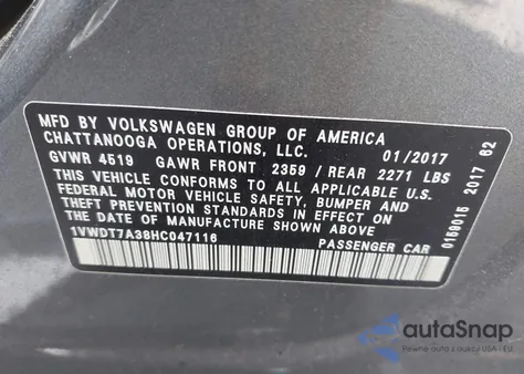 2017 Volkswagen Passat 1.8T R-Line from USA, damaged, VIN 1VWDT7A38HC047116